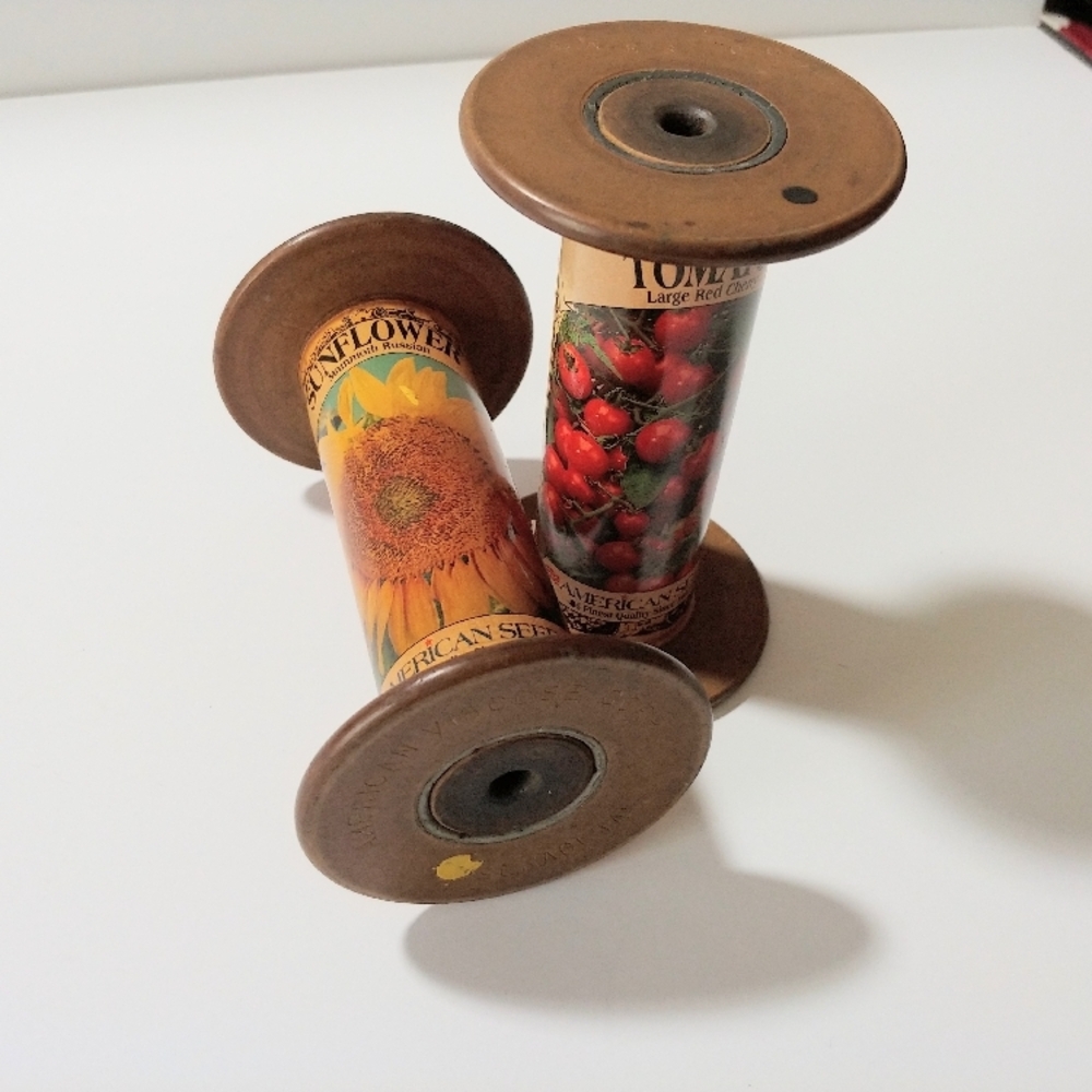 Vintage Wooden Spools with Seed Packet Labels